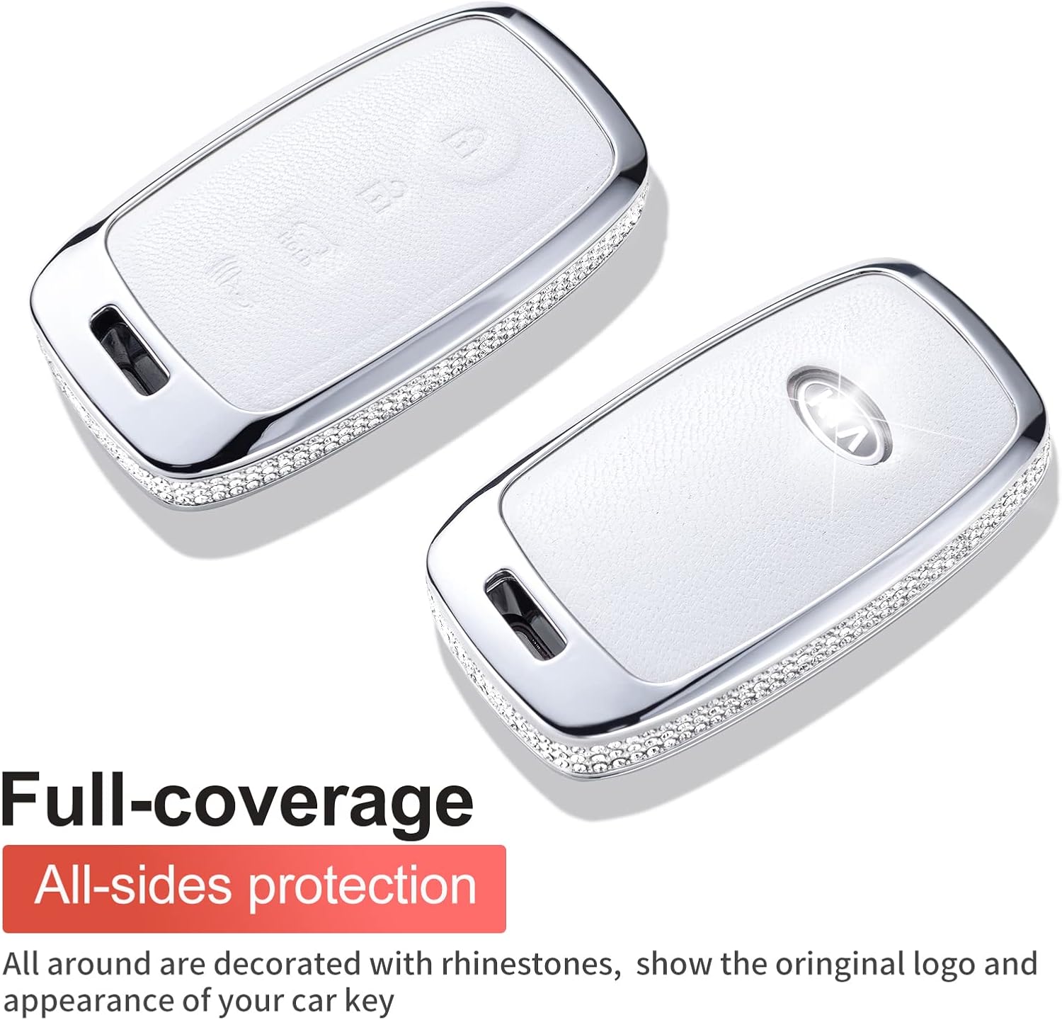 for Kia Key Fob Cover with Keychains, Genuine Leather Key Shells Case Protector Compatible with Kia Forte Koup Niro Optima Rio Sorento Soul Sportage Smart Key, White