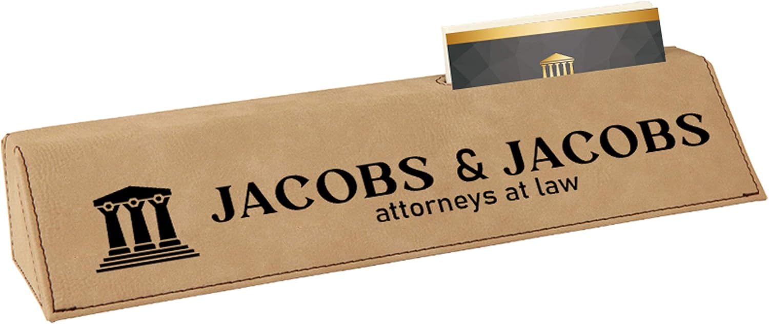 Personalized Business Card Holder Leatherette Desk Name Plate (Light Brown)