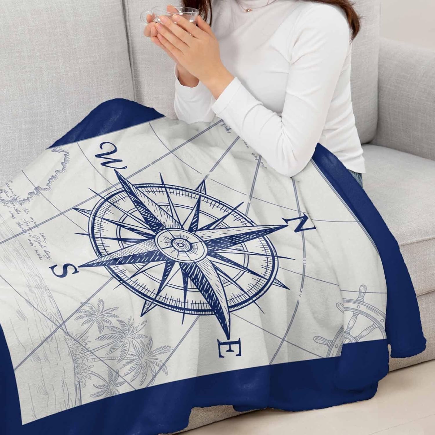 DecorLovee Navy Blue Nautical Blanket 60"x80", Reversible Throw Blanket for Couch/Bed/Camping, Beach Ocean Coastal Compass Lightweight Soft Throw Blankets for Men, Warm Fuzzy Blankets for Winter