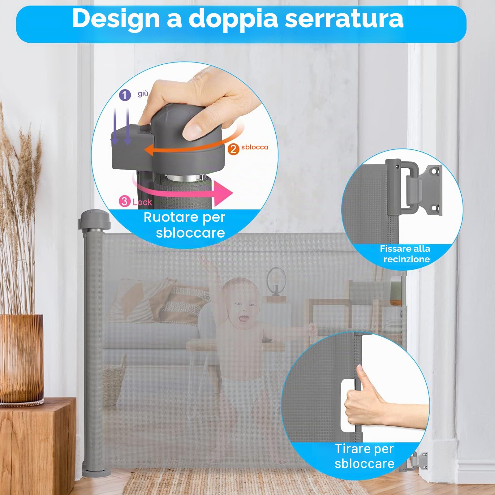 LARS360 - Cancelletto per bambini e animali domestici, estraibile, 0-150 cm, protezione per porte o scale, divisorio di sicurezza per interni ed esterni (grigio)