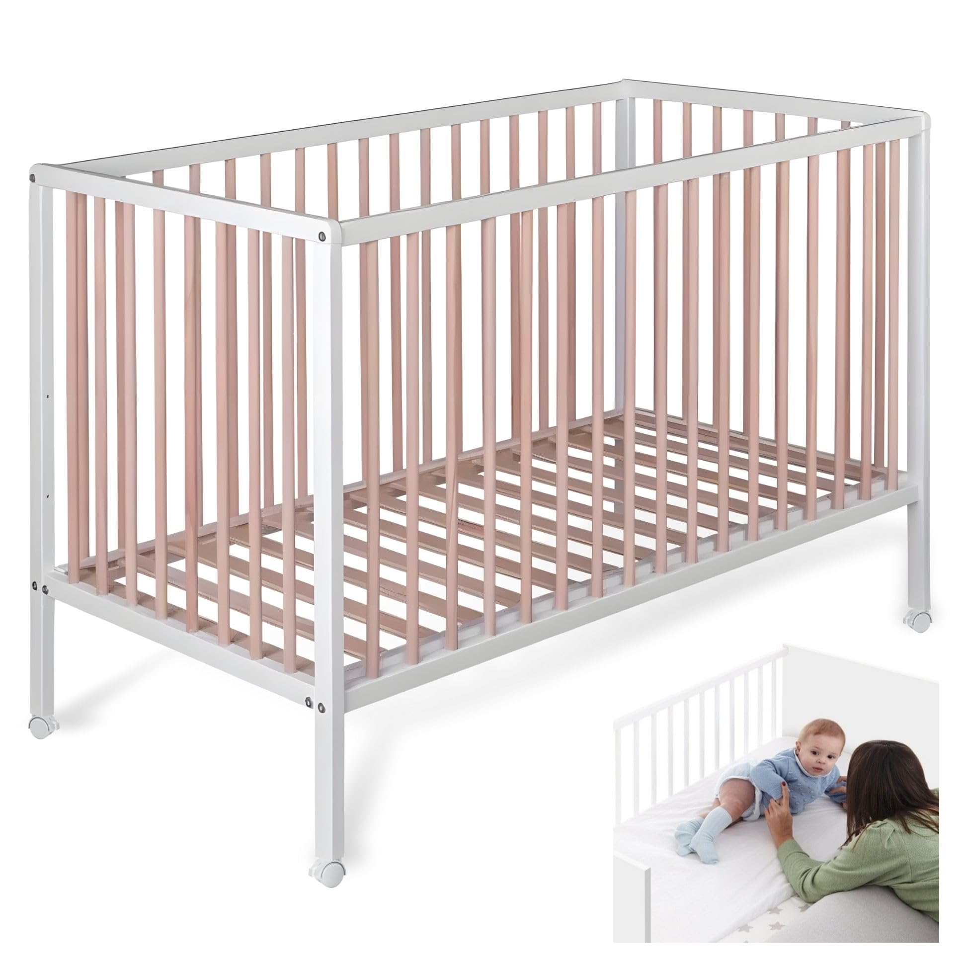Cuna Colecho Madera para Bebé, 3 Alturas de Somier | Laponia CoolDreams | Estilo nórdico, color natural. Kit colecho y 4 ruedas con freno incluidos para unir a la cama.