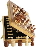 Magnetic Wooden Chess Set, Exqline 2 in 1 Chess and Checkers Board Set with 2 Extra Queen, 15 Inch Large Folding Chess Board Set, Wood Chess Board Game Handmade Pieces for Adults and Kids