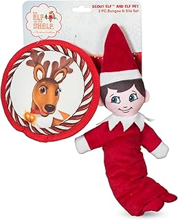 The Elf on the Shelf 2pc Dog Toy Set with Elastic Scout Elf + Elf Pets Reindeer Plush Flattie Disk, Squeaky Dog Toys | Bungee Dog Toys for Tug | Stocking Stuffers for Dogs