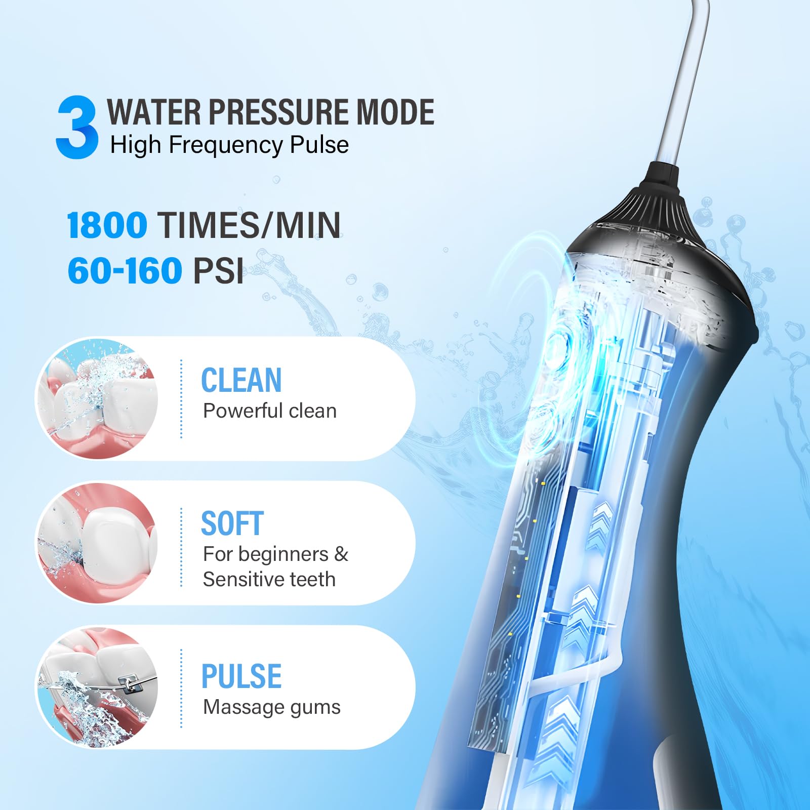 Púas de hilo dental de agua para limpieza de dientes inalámbrica, 60-160 PSI de alta presión, portátil, eléctrico, limpiador de dientes, cable USB C de 320 ml, irrigador oral recargable para viajes en