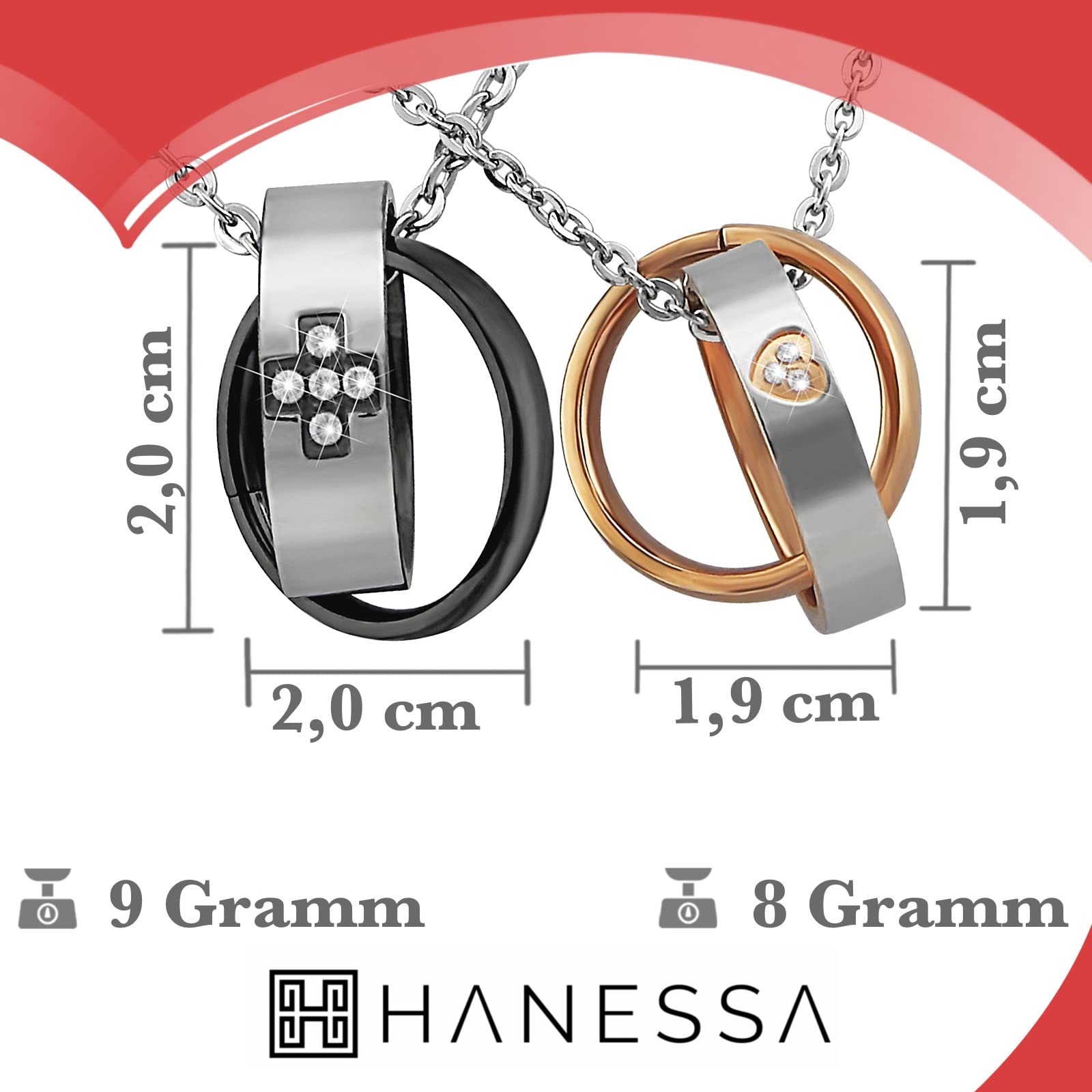 2 Stück Personalisierte Kette mit Gravur Edelstahl 50 cm mit Anhänger mit Ring mit Strass-Stein in schwarz gold - Personalisierte Geschenke Damen Herren Freundin Freund - Partner Halskette