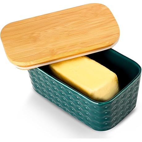 Hasense Ceramic Butter Dish with Bamboo Lid: Green Butter Keeper for Counter