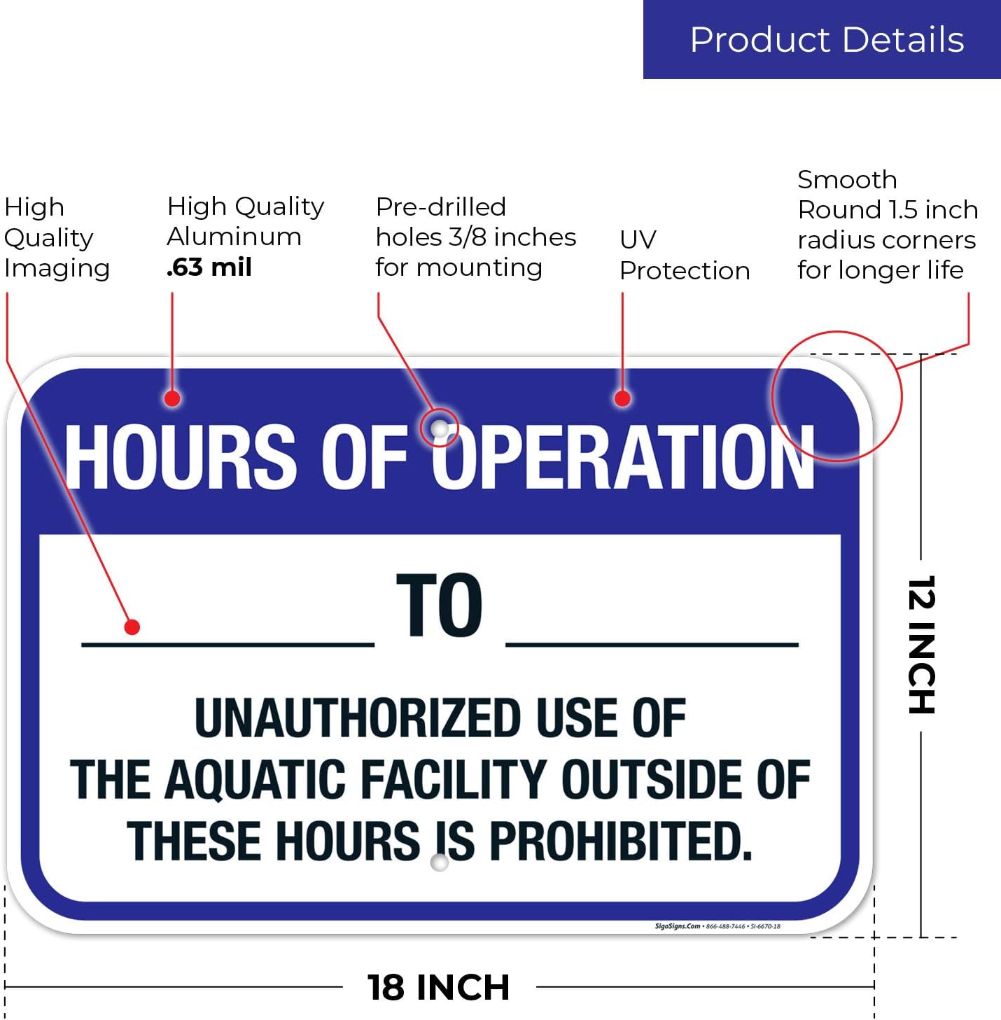 Hours of Operation Sign, Pool Sign, 12x18 Inches, Rust Free .063 Aluminum, Fade Resistant, Made in USA