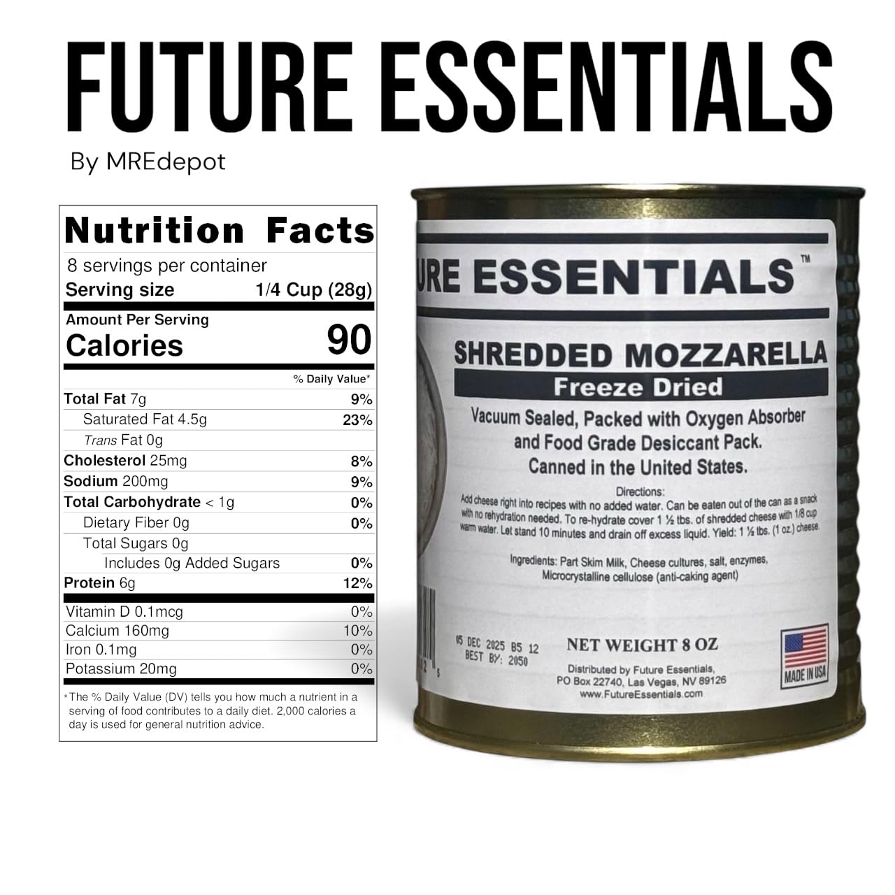 Future Essentials Freeze Dried Shredded Mozzarella Cheese – Real Dairy Mozzarella Cheese Shredded – Long Shelf Life Emergency Food – Easy to Use in Recipes & Made in the USA – 8 oz #2.5 Can