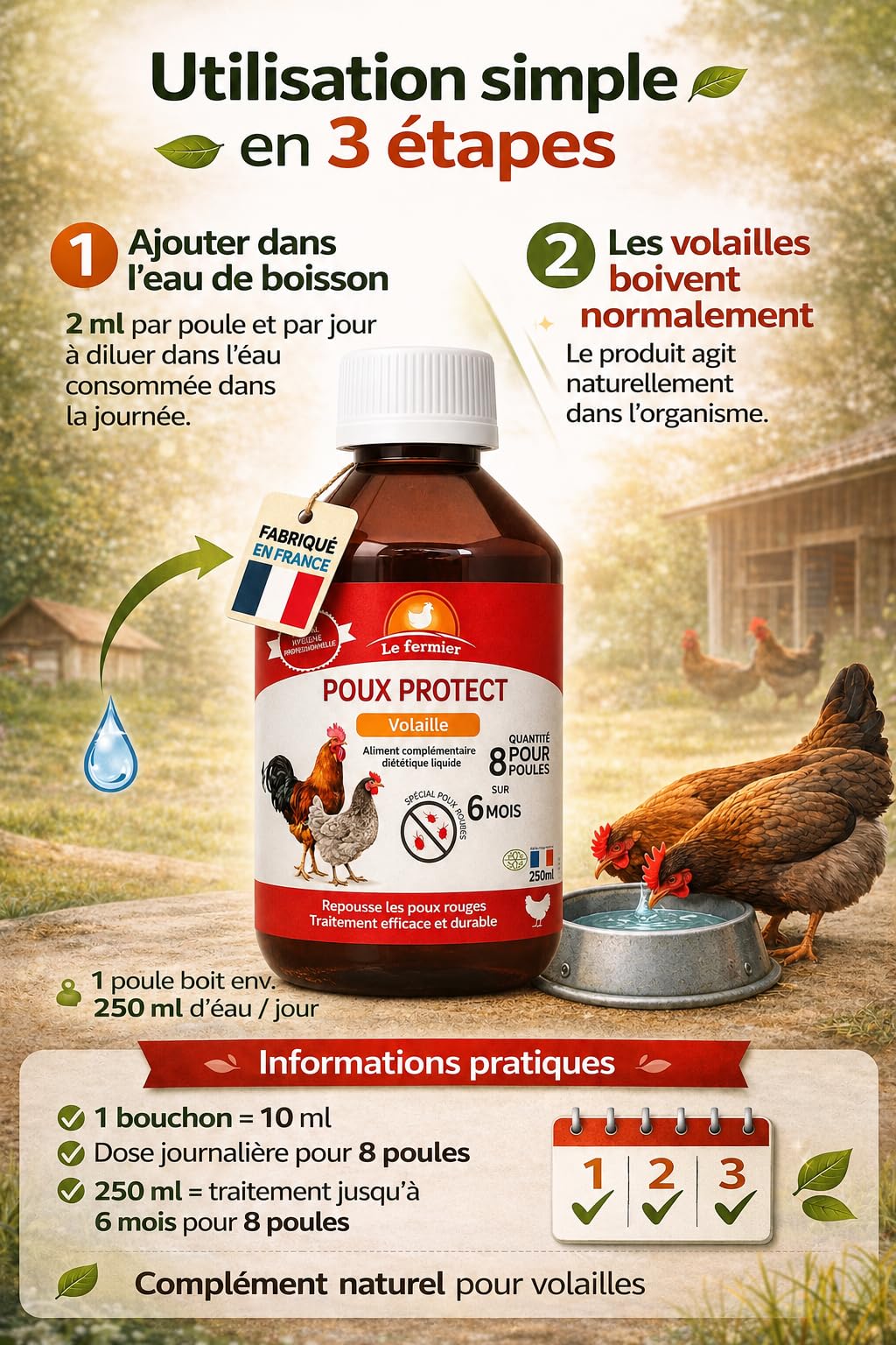 Poux Protect 250 ML – Anti Poux Rouges Poules Naturel – Complément Liquide Volailles – Éloigne Parasites Internes – sans Danger Œufs & Consommation – Poules, Canards, Oies