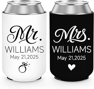 Custom Mr and Mrs Can Cooler Gift Set - Personalized Name Drink Holder for Couple Wedding Honeymoon Engagement Anniversary Newly Engaged
