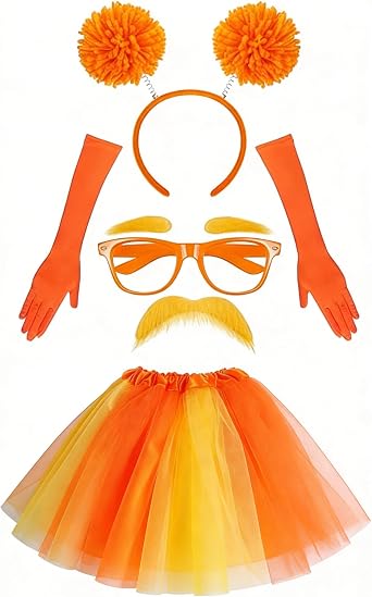 Orange Tutu Costume Set for Women Yellowe Plush Headband, Gloves, Glasses Spirit Day Tutu Costume Halloween 80s Cosplay Birthday Part