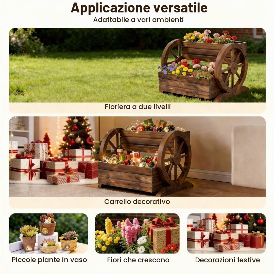 HOMASIS Carriola da Giardino in Legno, Fioriera con Ruote e Vaso da Fiori, Orto Rialzato da Giardino con Fori di Drenaggio e Guanti, Carrello Decorazione da Balcone (Marrone, 46 x 44 x 35 cm)