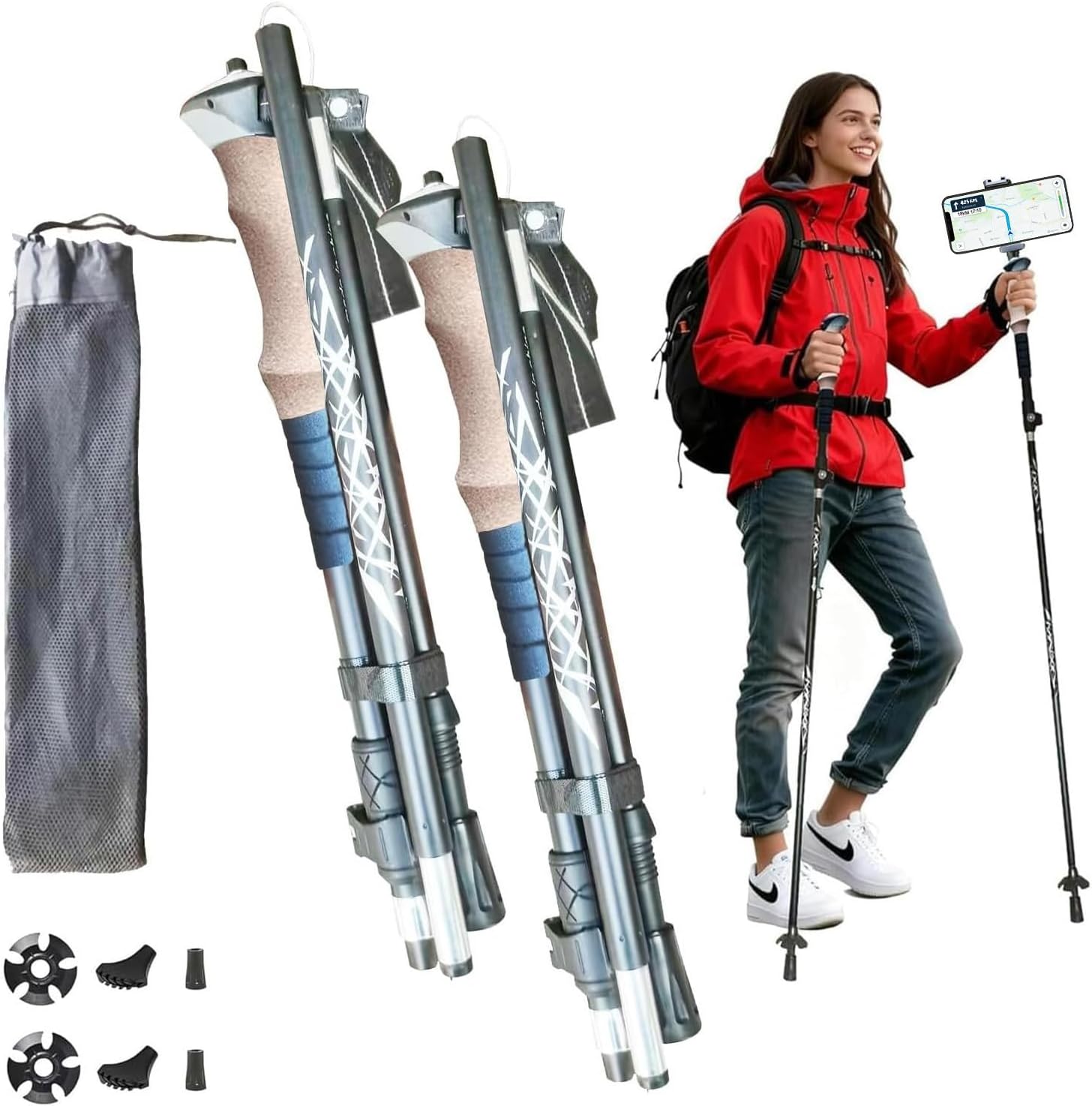 Portable Collapsible Camera & Phone Mount Trekking Poles for Travel