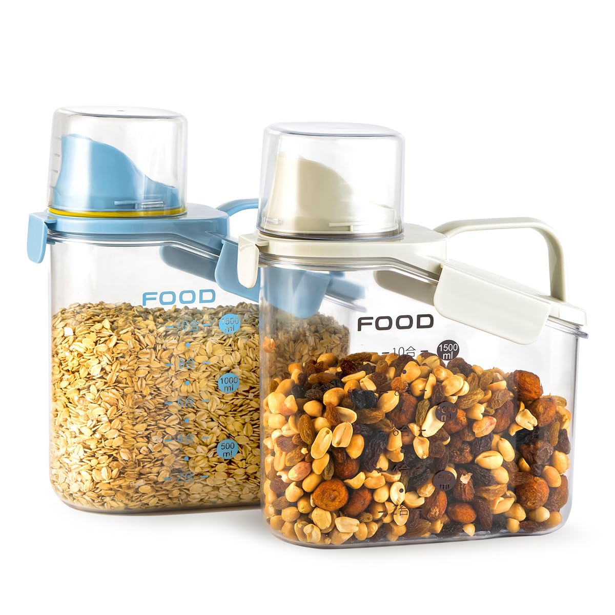 LANGMINGDE 2 PCS Cereal Storage Containers, 1.5L/51oz Dry Food Rice Holder, Pet Dog Cat Food Dispenser with Measuring Cup, BPA Free Clear Plastic Kitchen Pantry Organization Bin, 1 Blue+1 White