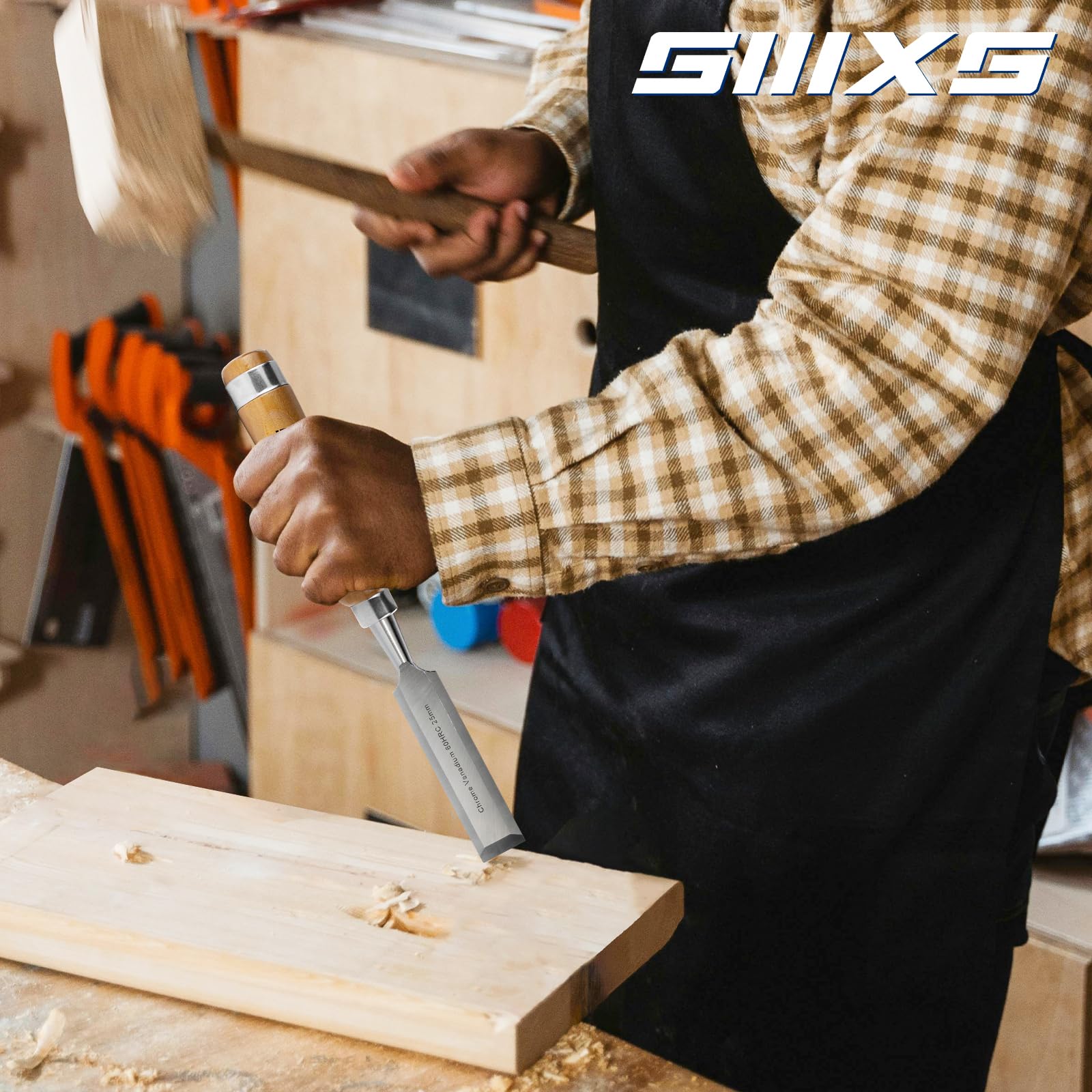 Lot de 8 ciseaux à bois professionnels avec 1 guide d'affûtage et 1 pierre à aiguiser