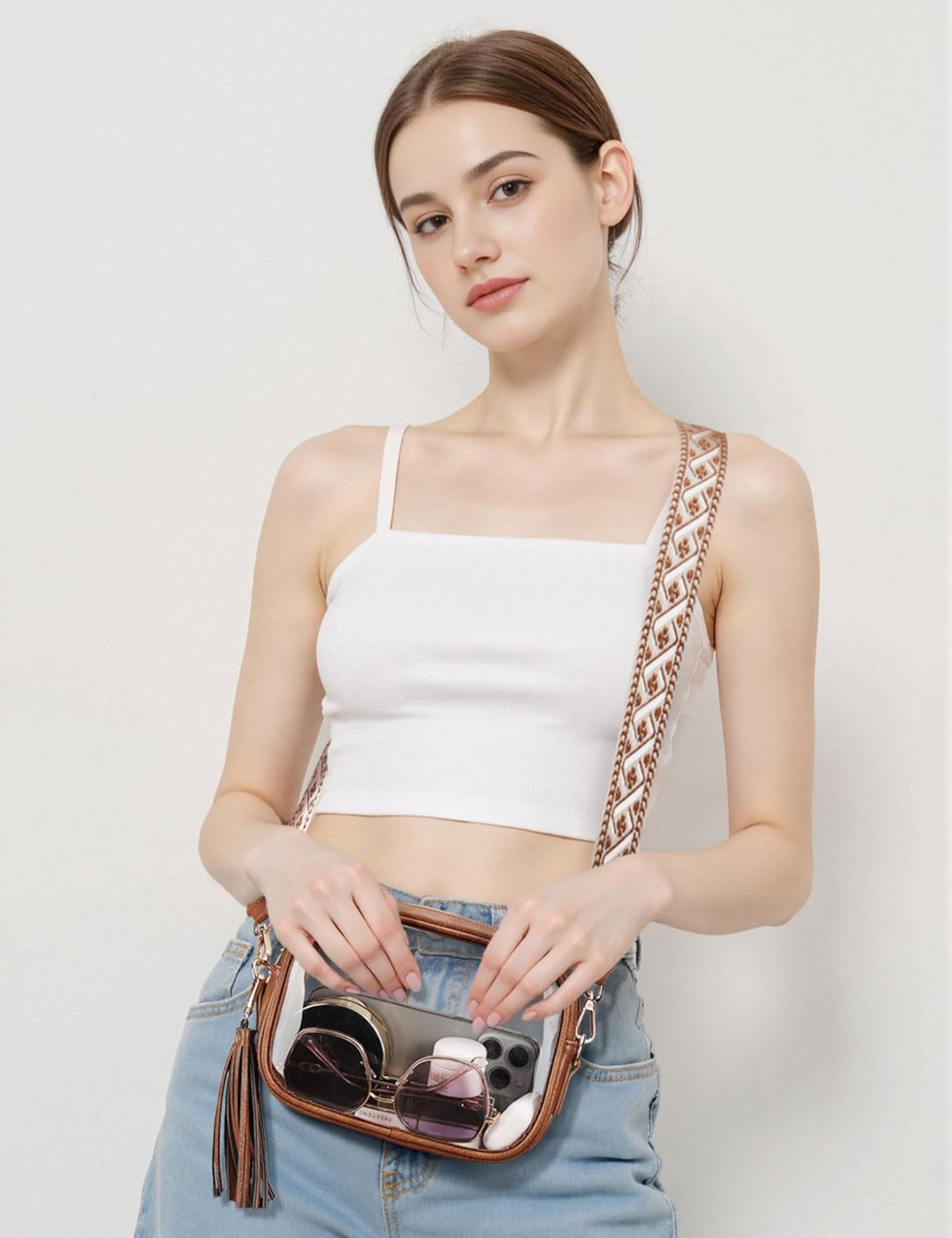 Yarnic Clear Bag Stadium Approved, PVC Transparent Crossbody Purse Small Transparent Crossbody Bag with Adjustable Shoulder Strap with Wide Strap for Concerts Sport Event Brown - Image 3