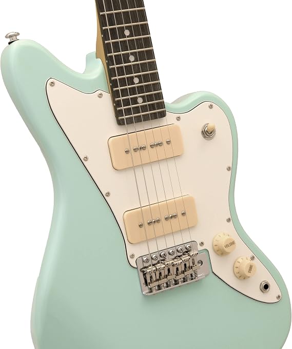 JM Mini Electric Guitar - Surf Green, 3-Ply Ivory Pickguard, Maple Neck, 22 Inch Short Scale (3/4 Scale, 7/8 Length), Twin P-90 Pickups, Tremolo Bar, Pure Tone Awesomeness!