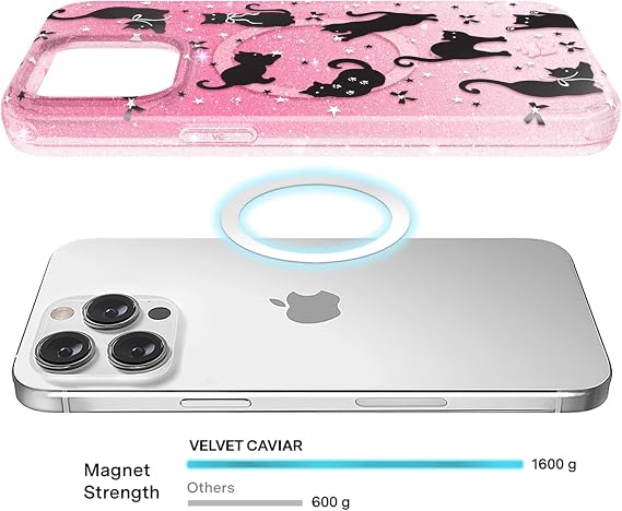 iPhone 15 Pro Max用ベルベットキャビア ケース - MagSafe対応 - 3m落下試験済み - ハロウィン電話ケース - 黒猫グリッター