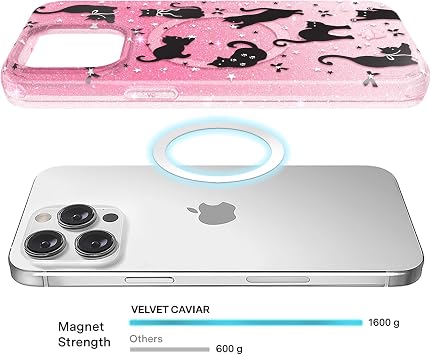iPhone 15 Pro Max用ベルベットキャビア ケース - MagSafe対応 - 3m落下試験済み - ハロウィン電話ケース - 黒猫グリッター
