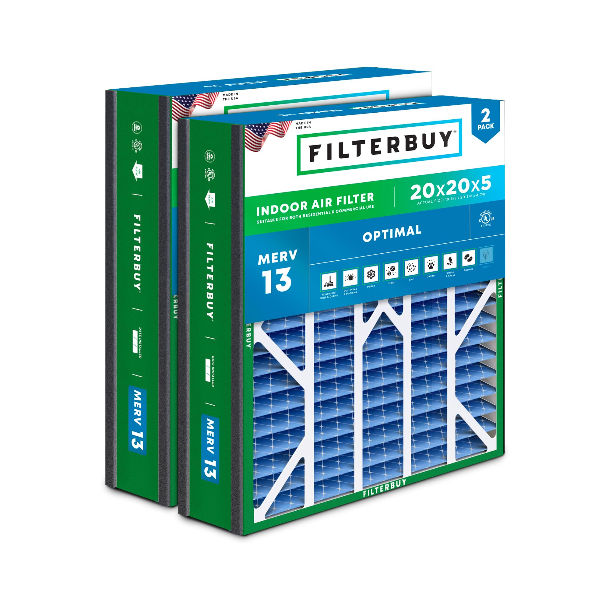Filterbuy 20x20x5 Air Filter MERV 13 Optimal Defense (2-Pack), Pleated HVAC AC Furnace Air Filters Replacement for Trion Air Bear 255649-103 & More (Actual Size: 19.63 x 20.63 x 4.88 Inches)