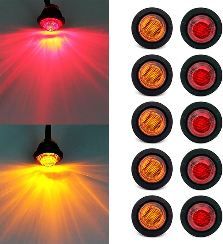 Luzes laterais redondas LED FXC Purishion 12 V vermelha e âmbar para caminhão, trailer e veículo – Kit com 10 unidades