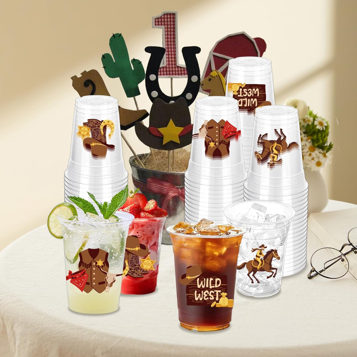 100Pcs Western Cowboy Plastic Party Cups, 12oz Cowboy Party Disposable Clear Cups for Western Parties, Birthday, Baby Shower Drinking Cups, Rodeo Party Favors (2 Styles)