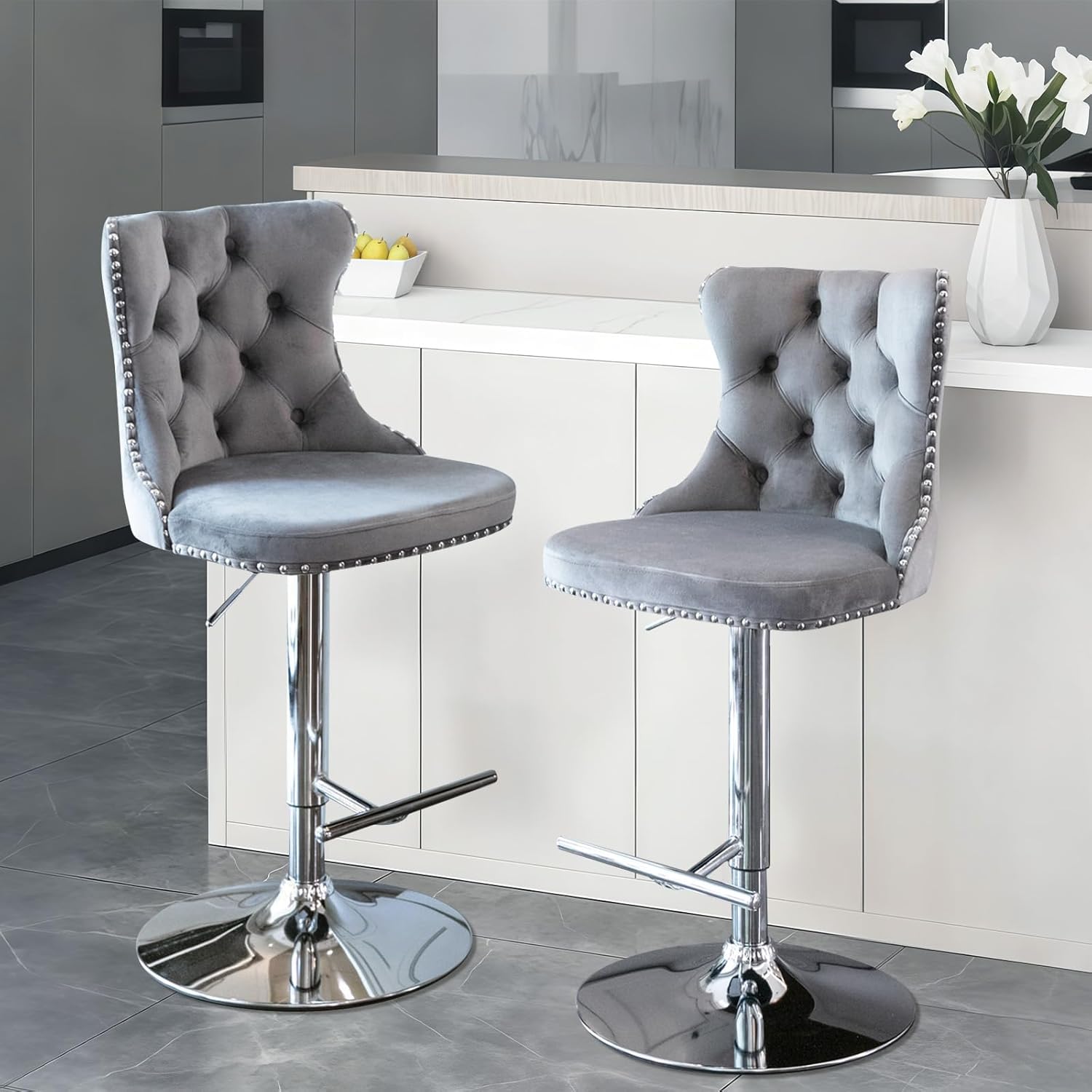 33” Velvet Swivel Bar Stools Set of 2 with Back, Adjustable Height Upholstered Modern Bar Chairs with Silver Leg for Kitchen Island, Bar, Dining Room(Grey&Silver Leg)