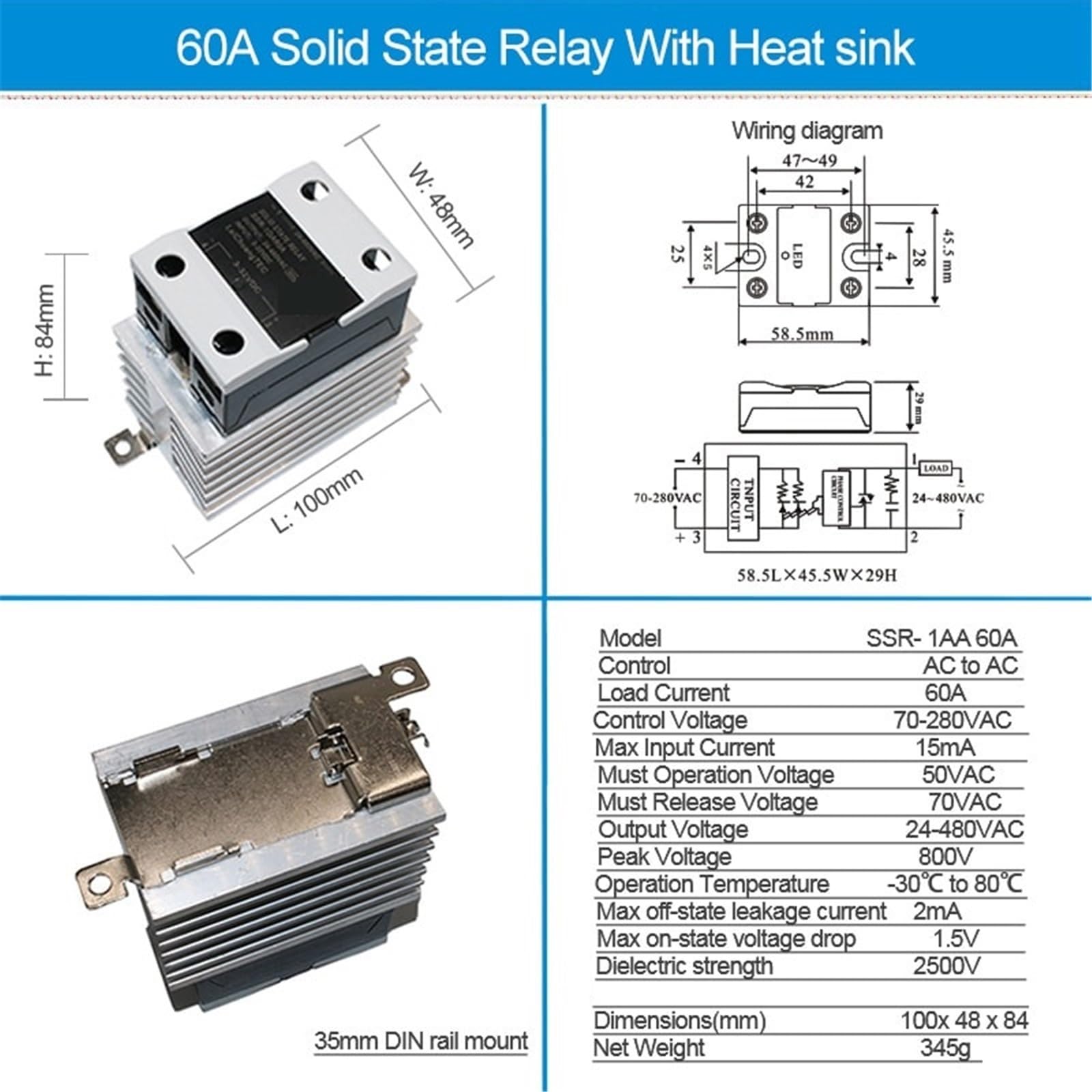 1 Uds AC a AC 10A 25A 40A 60A 80A 100A 120A SSR con disipador de calor relé de estado sólido relé Industrial montado en Riel DIN(AC-AC 60A)