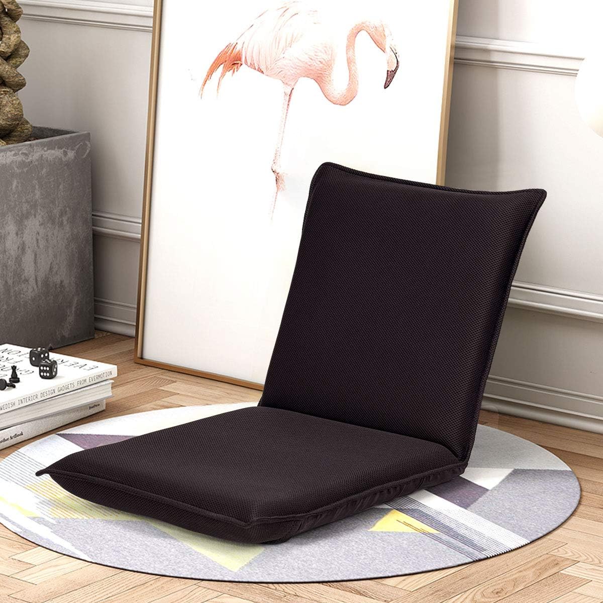 GOPLUS Chaise de Sol Pliante avec 6 Positions Réglables, Fauteuil Convertible Paresseux Inclinable Rembourré d’Éponge, Chaise de Plancher pour Maison, Bureau,97x47x8CM (Marron)