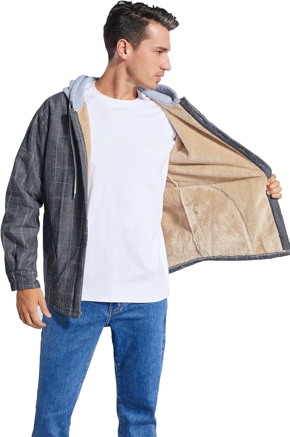 Men's Cotton Plaid Shirts Jacket Fleece Lined Flannel Shirts Sherpa Button Down Jackets with Hood for Men - Image 5