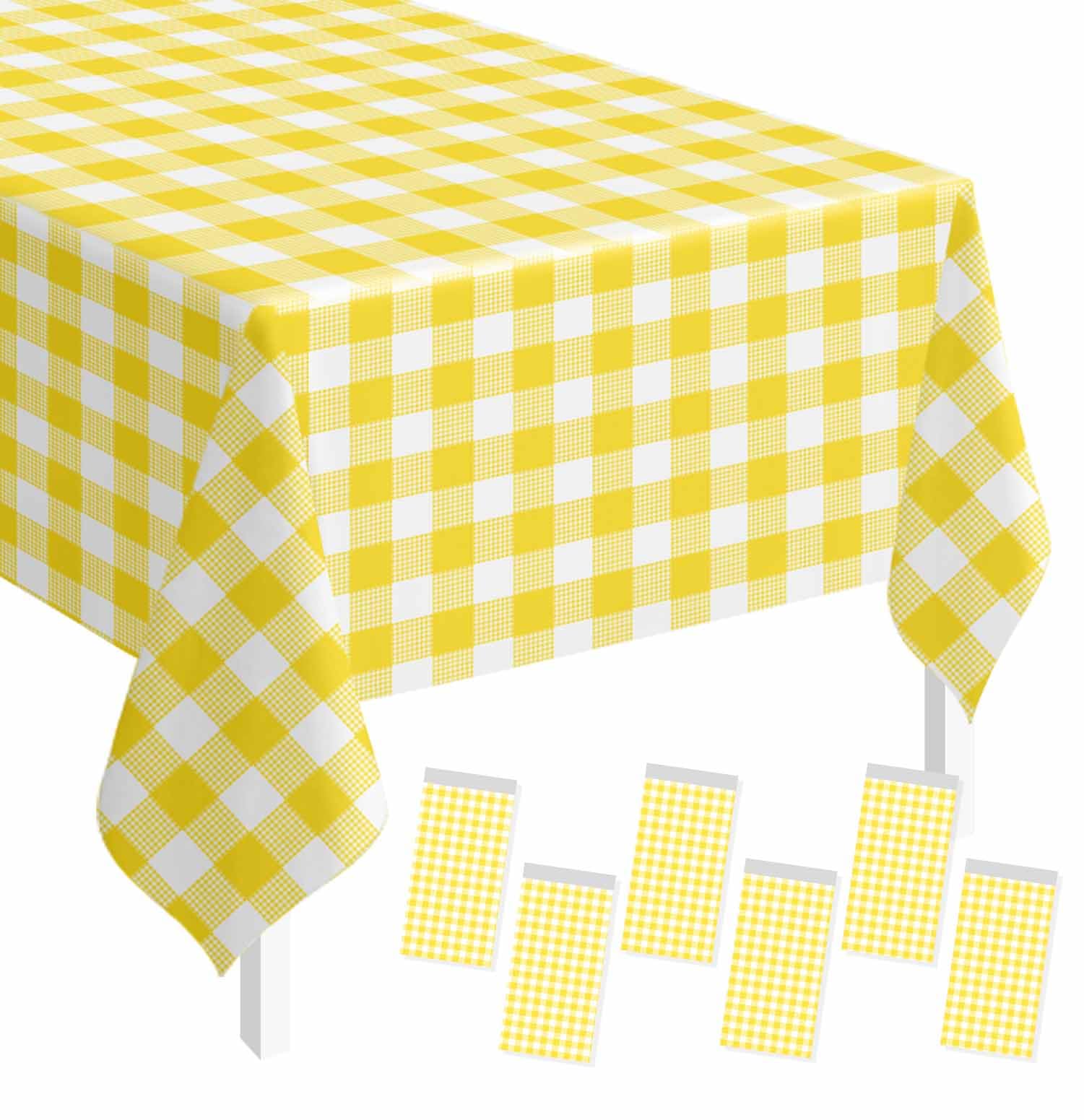 SietDESEO 6 Pack Yellow Gingham Tablecloth Rectangle 54 x 108 Yellow and White Checkered Table Cloth Disposable Plaid Table Cover Plastic for Birthday Baby Shower Picnic Wedding Party Supplies