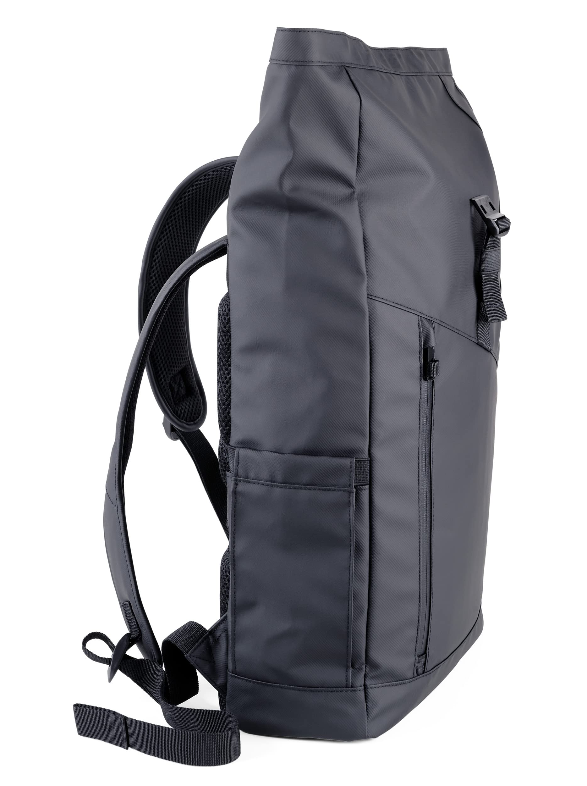 TROIKA Black Roll Top - BBL51/BK - Roll Top Rucksack mit magnetischem Sicherungsverschluss aus Metall – wasserabweisende Reißverschlüsse außen – Tarpaulin – schwarz