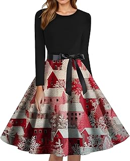 Women's Christmas Dress Fashion Round Neck Xmas Festival Outfits Vintage Long Sleeve A-Line Party Dresses with Belt