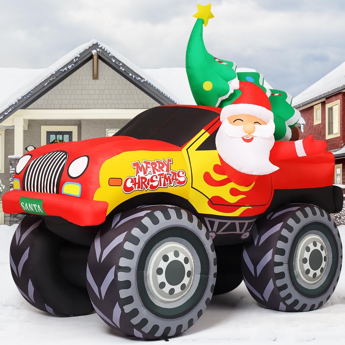 COMIN 7.2 FT Long Christmas Inflatables Monster Truck Outdoor Decorations Santa Claus Blow Up with Xmas Tree with Built-in LEDs for Party Indoor Yard Lawn Garden