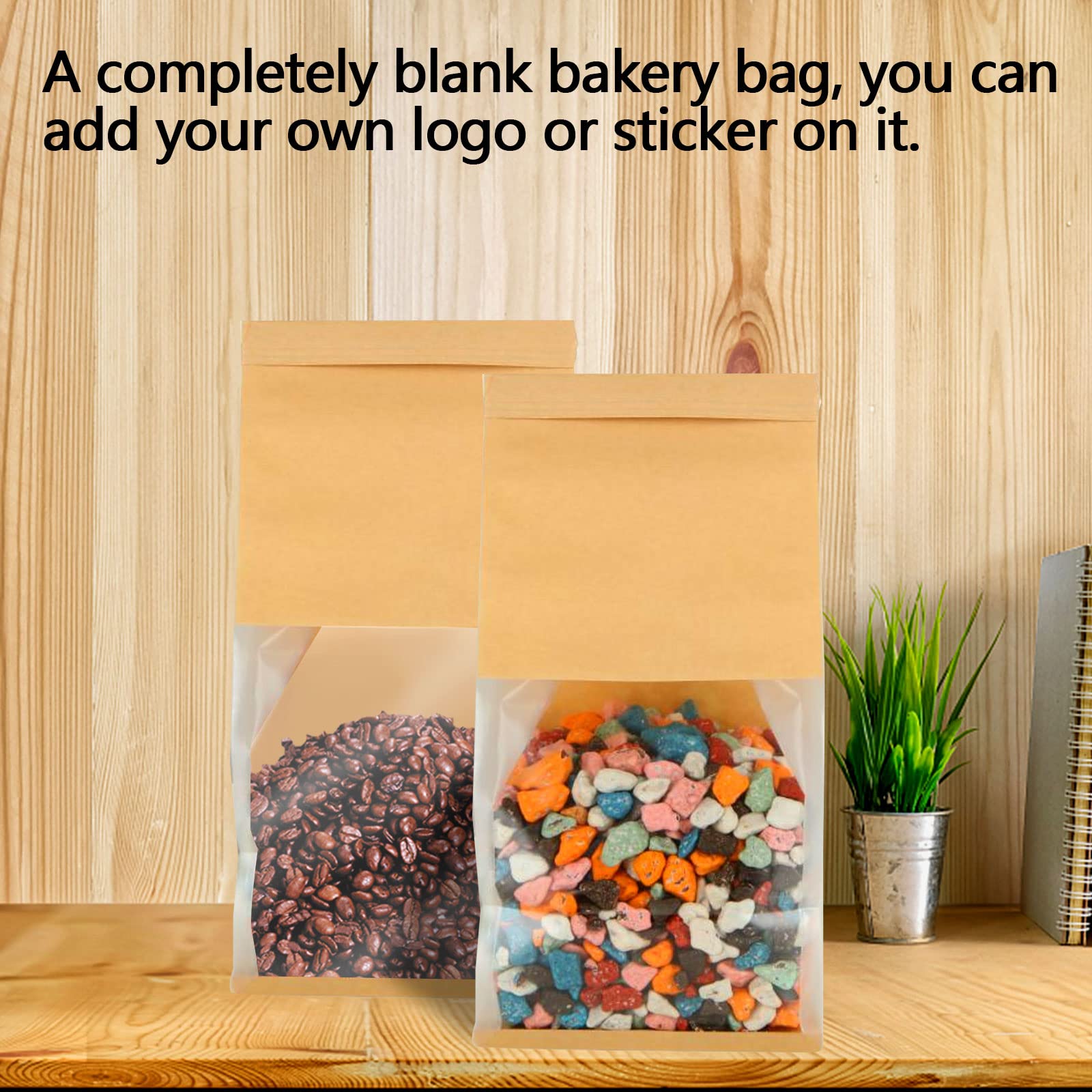 QTLCOHD 100 bolsas de panadería con ventana, 5.1 x 4.3 x 11 pulgadas, bolsas de pan de papel marrón, bolsas de papel de hojaldre con cierre de pestaña para embalaje de galletas, pan, palomitas de