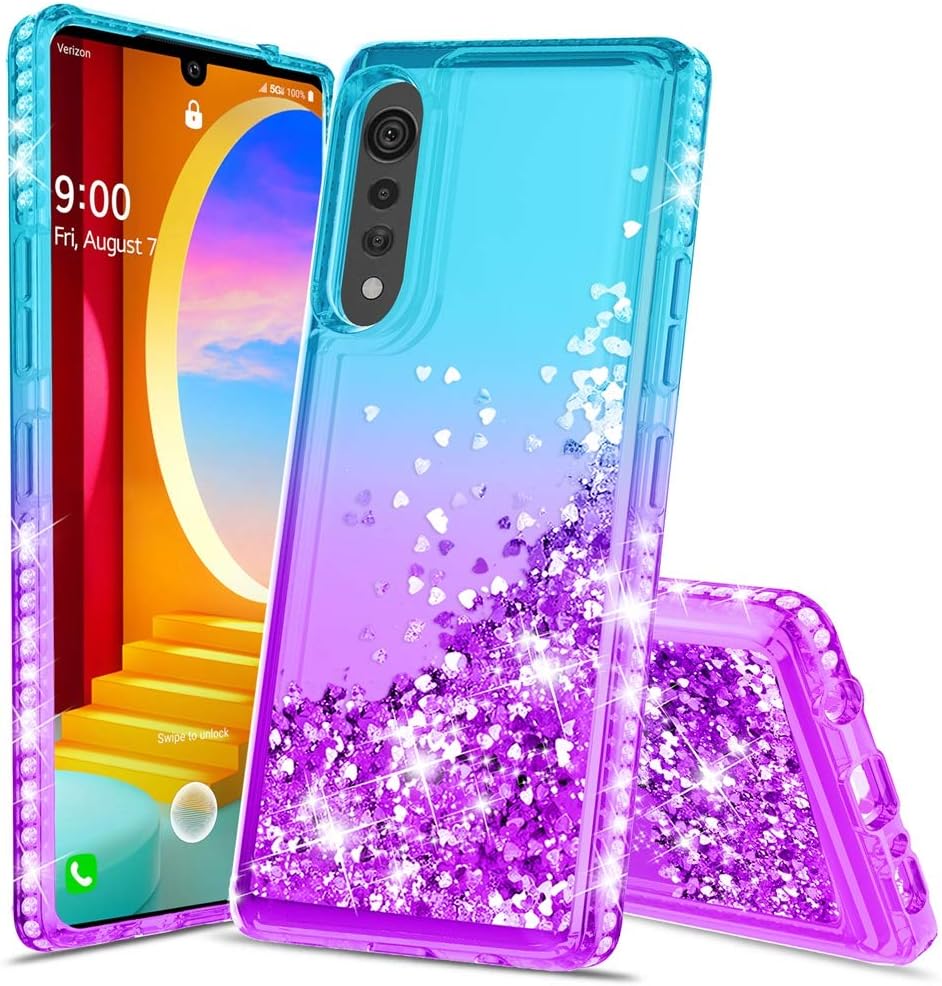 MUDHEN Donse for LG Velvet Case, LG Velvet 5G Phone Case with Glitter Liquid Quicksand Floating Shiny Sparkle Flowing Bling Diamond Luxury Clear Cute Case for Girls Women-Teal/Purple