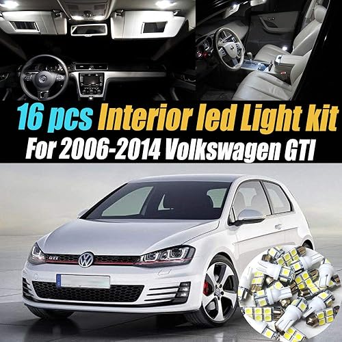 Paquete de 16 bombillas LED para interiores de 6000 K súper blancas compatibles con Volkswagen GTI 2006-2014
