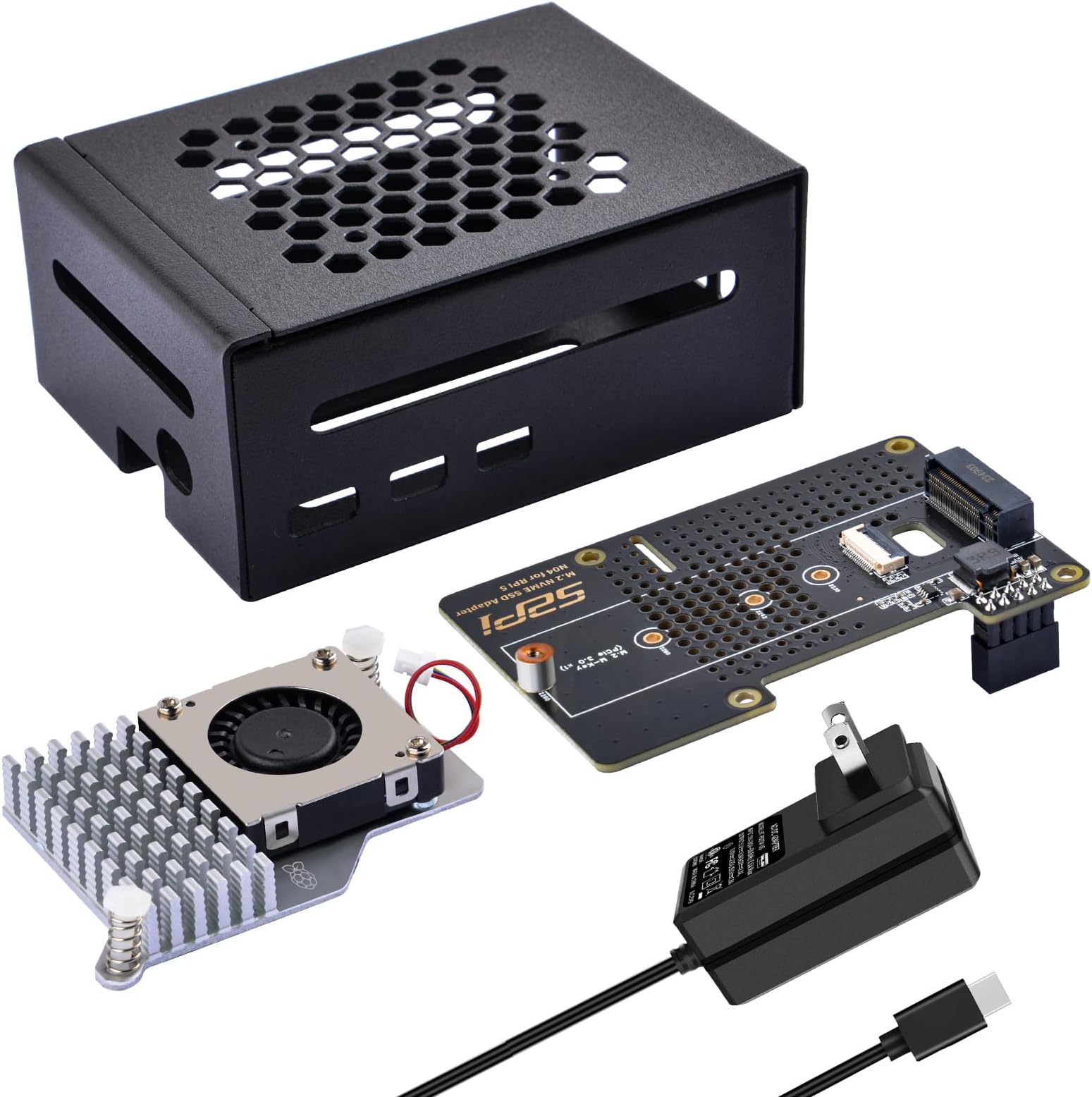 GeeekPi Metal Case for Raspberry Pi 5, with Pi 5 Official Active Cooler, N04 M.2 NVMe SSD PCIe Peripheral Board and 27W USB C Power Supply for Raspberry Pi 5 8GB 4GB