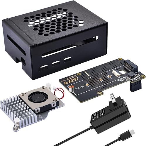 GeeekPi Carcasa metálica para Raspberry Pi 5, con enfriador activo oficial Pi 5, N04 M.2 NVMe SSD PCIe y fuente de alimentación USB C de 27 W para