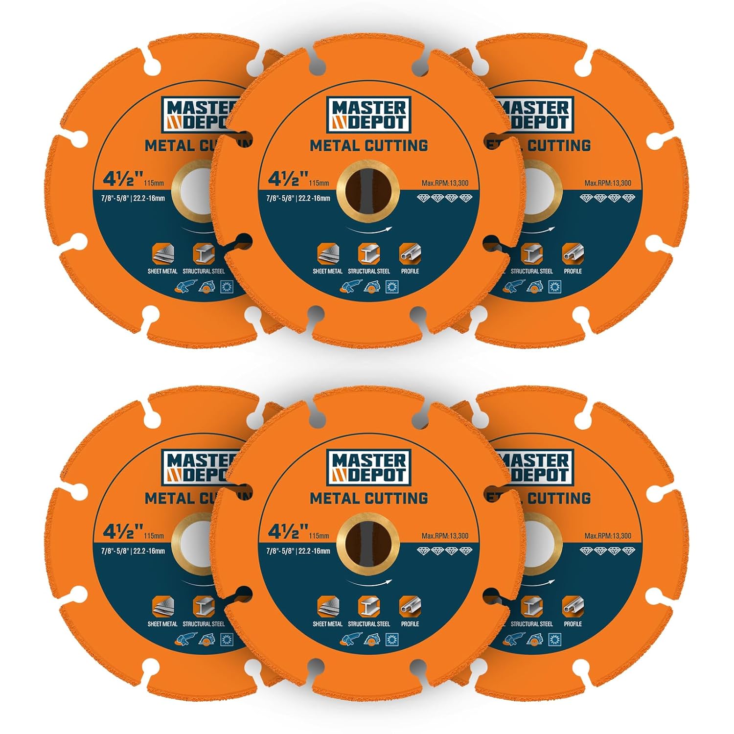 Diamond Cutting Wheel 4 1/2 Inch with 5/8"- 7/8" Arbor, Cut Off Wheel for Metal with 5000+ Cuts on Rebar, Steel, Iron and INOX, Angle Grinder Cutting Disc, 6 Pack