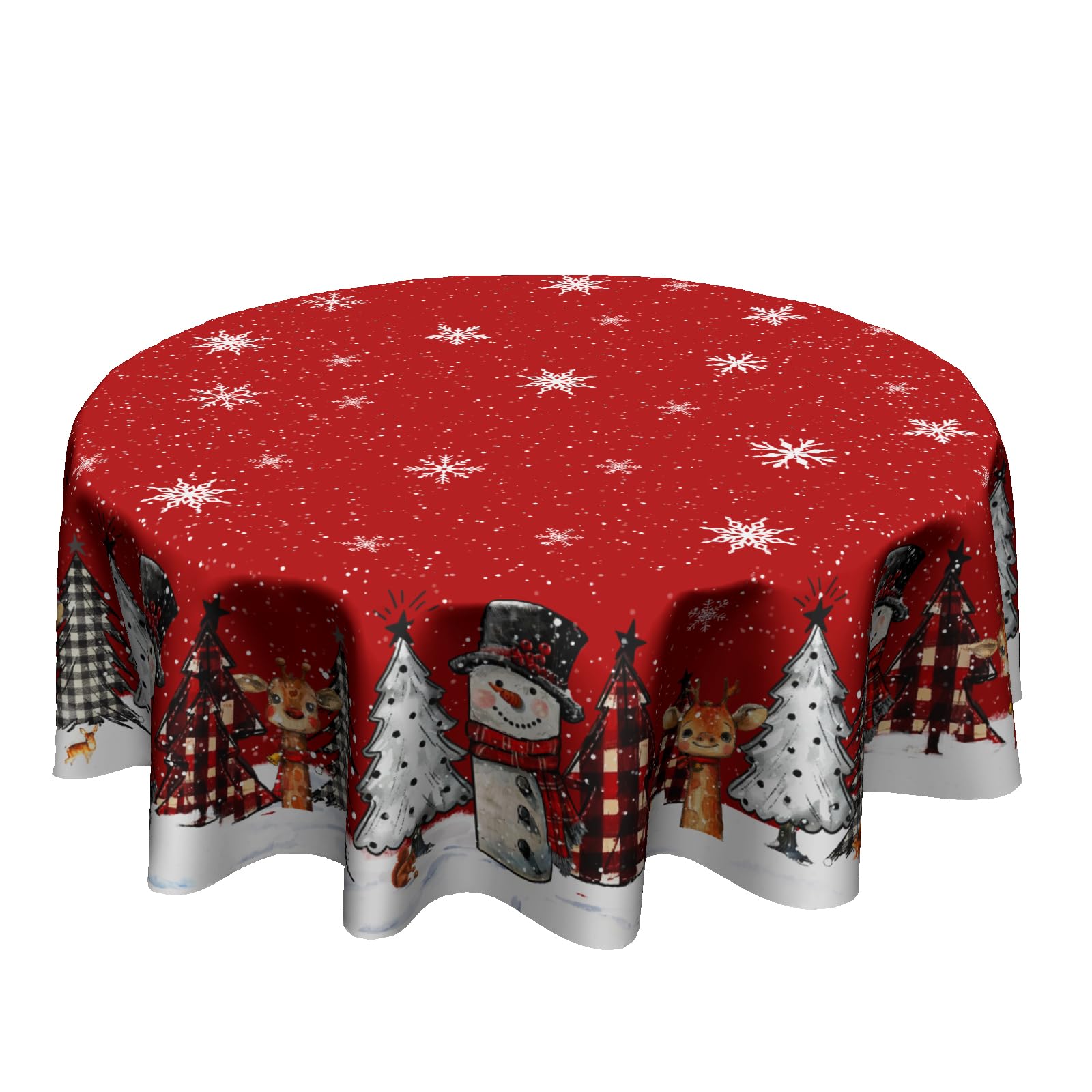 Christmas Round Tablecloth 60 Inch,Xmas Snowman Snowflakes Red Farmhouse Reusable Washable Polyester Table Cover for Kitchen Holiday Party Outdoor Dining Room Home Decor Gift
