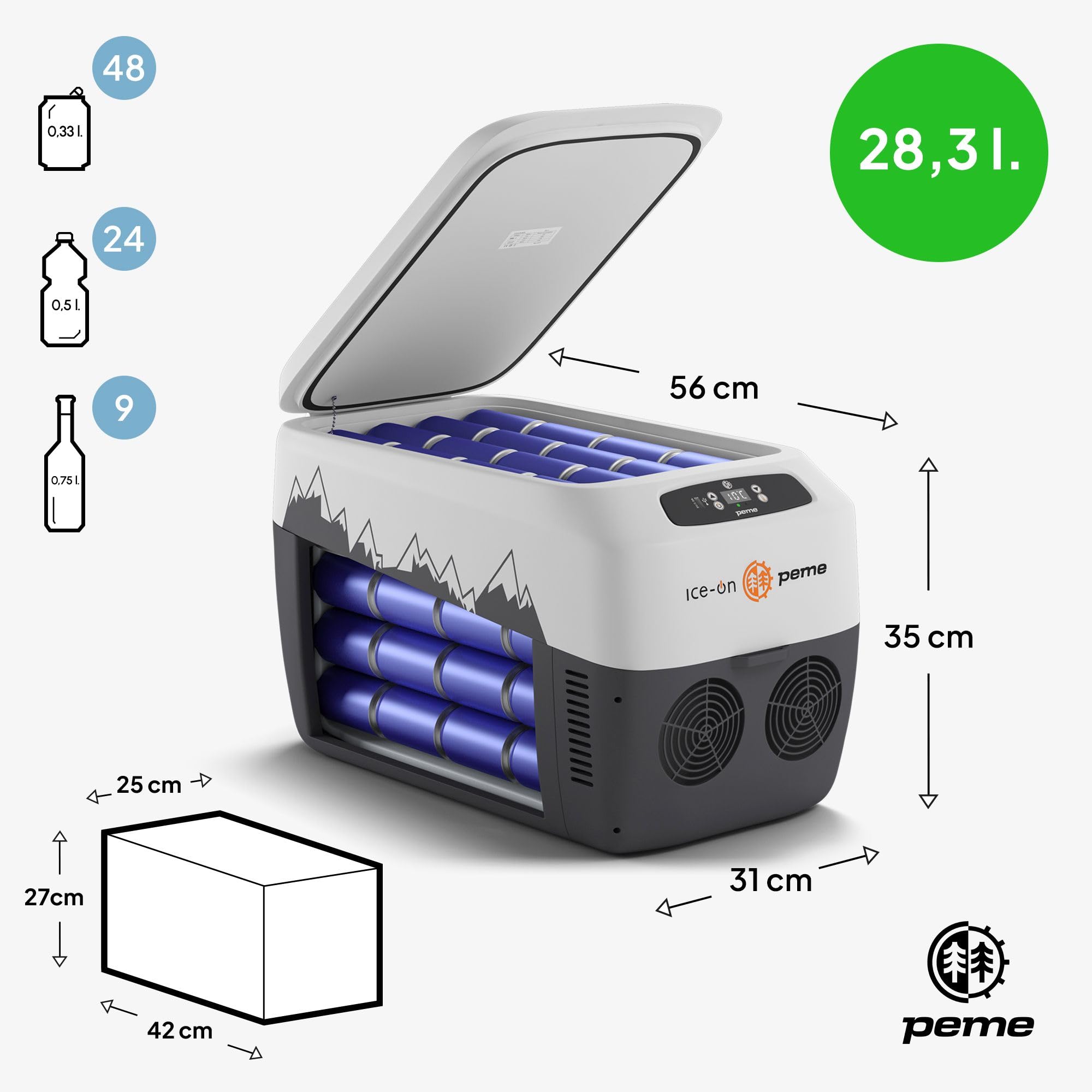 peme Ice On 28,3L – Przenośna lodówka termoelektryczna z wyświetlaczem LCD, portem USB, podwójnym zasilaniem 12V/230V – Idealna na camping, podróże & do samochodu