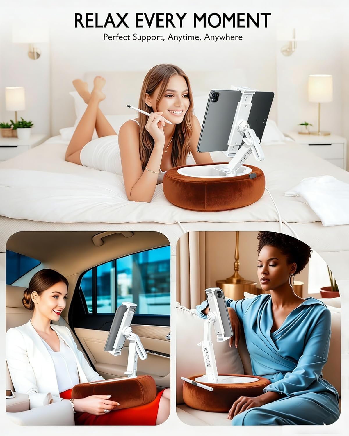 Miledi Tablet Pillow Stand, Compatible with 4.7"-12.9" Kindle, iPad, Phone/Tablet, 360° Rotating Phone Holder for Bed, Detachable Bowl, Reading and Relaxation on Bed (Terracotta)
