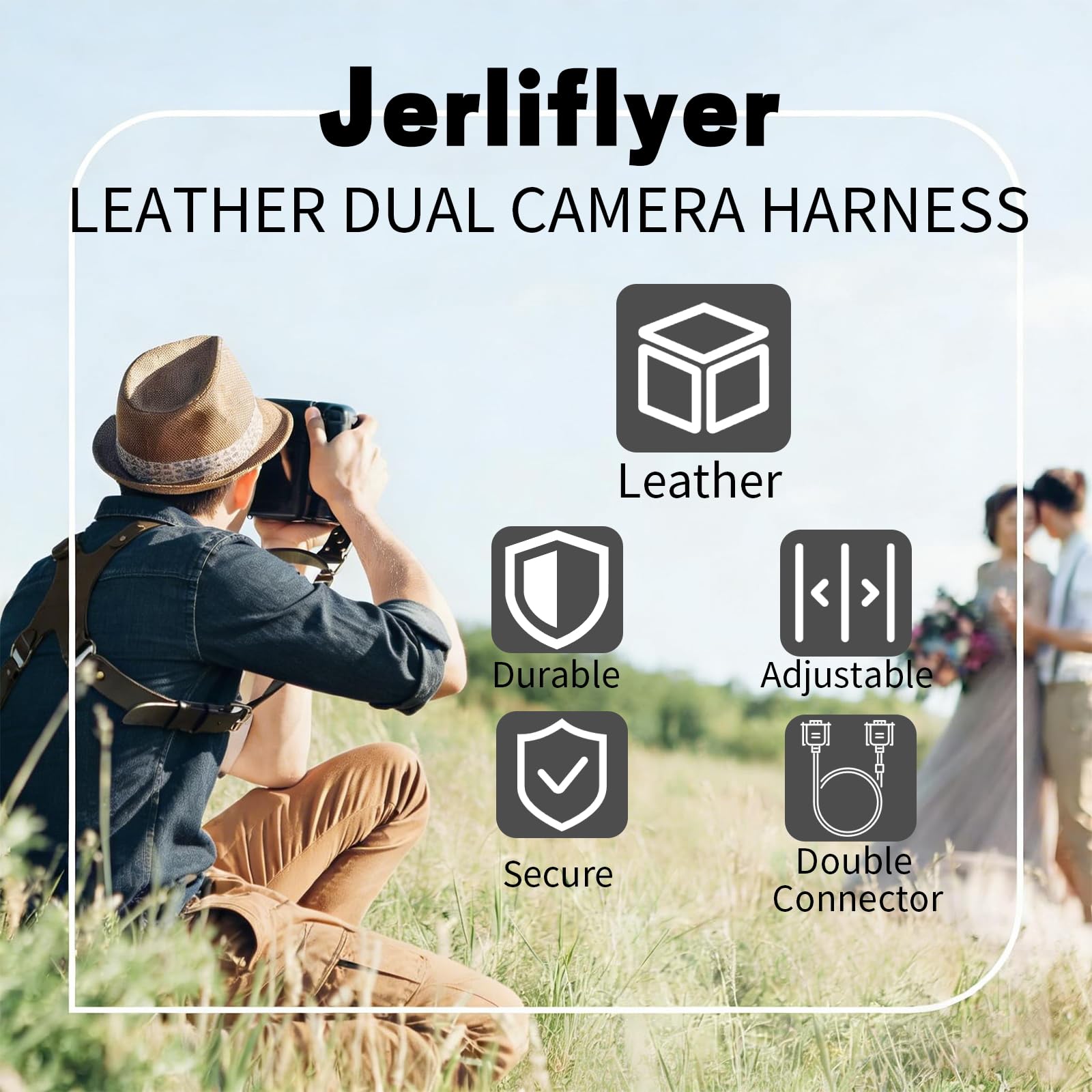 Harnais Appareil Photo Professionnel, Longueur Ajustable Bandoulière Double pour Appareil Photo, Cuir Sangle de Sac à Dos Deux Caméras DSLR/SLR, Unisexe Photographe