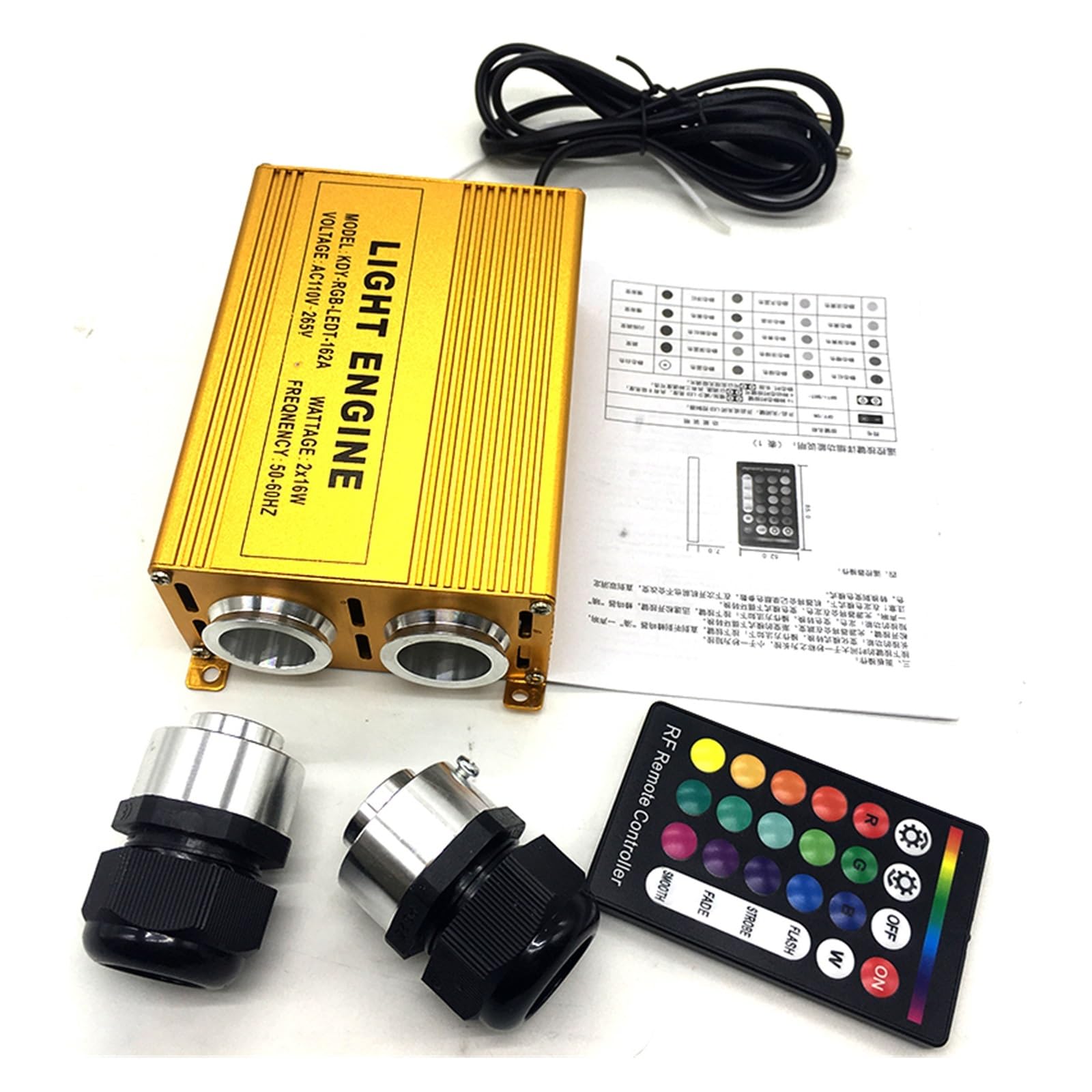 Złota aluminiowa podwójna głowica 2 * 16W LED światłowód, 32W RGB, 24-klawiszowy zdalny sterownik światła światłowodowego,Wytrzymały