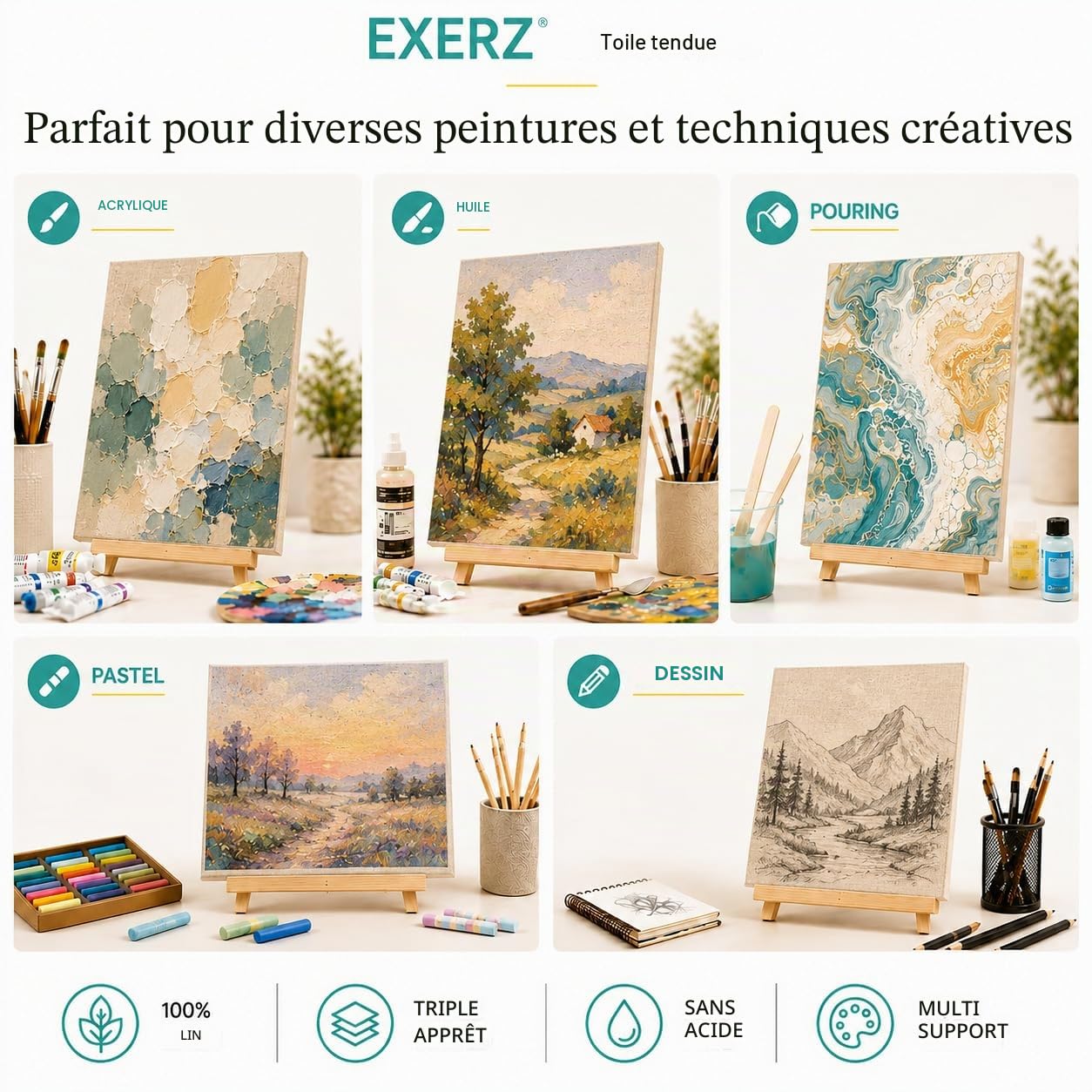 EXERZ 40x50cm Toiles Pré-étirées de Lin 4pcs - 320gsm, Triple apprêt, Sans Acide, Grain Moyen, Pur Lin Écru - Huile et Acrylique
