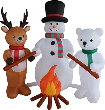 6 FT Lighted Christmas Inflatable Snowman Reindeer Polar Bear Trio by Campfire Outdoor Indoor Holiday Decoration with Built-in LED Lights Self-Inflating Blower Weather-Resistant Blow-Up Lawn Display