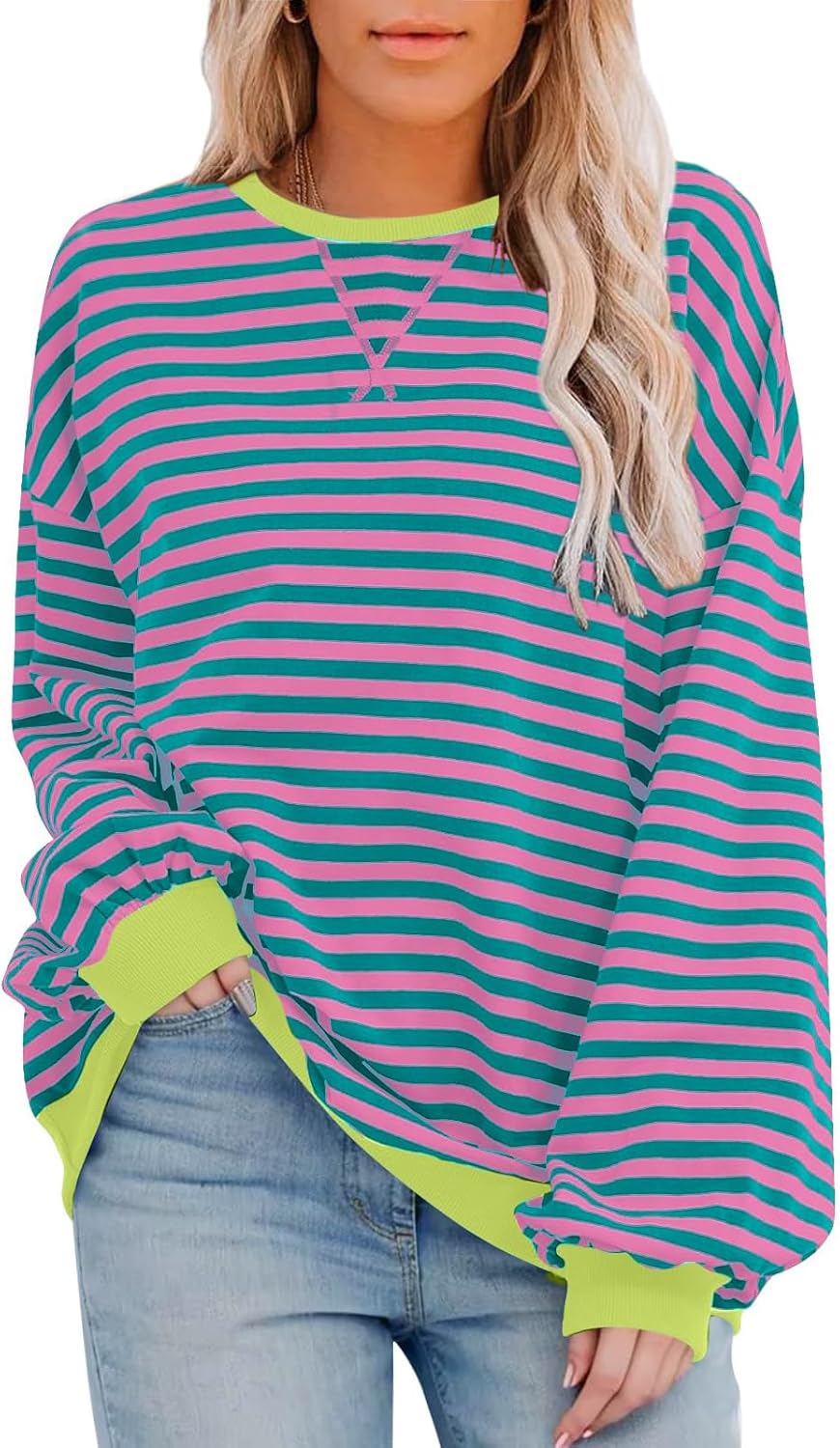 HDLTE Womens Oversized Striped Sweatshirt Crewneck Classic Color Block Long Sleeve Casual shirt Fashion Loose Pullover Tops