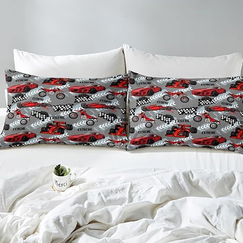 Miniatura 4 de Erosebridal Sábana bajera ajustable de auto de carreras rojo tamaño individual para niños, sábanas de motocross de dibujos animados, sábanas para