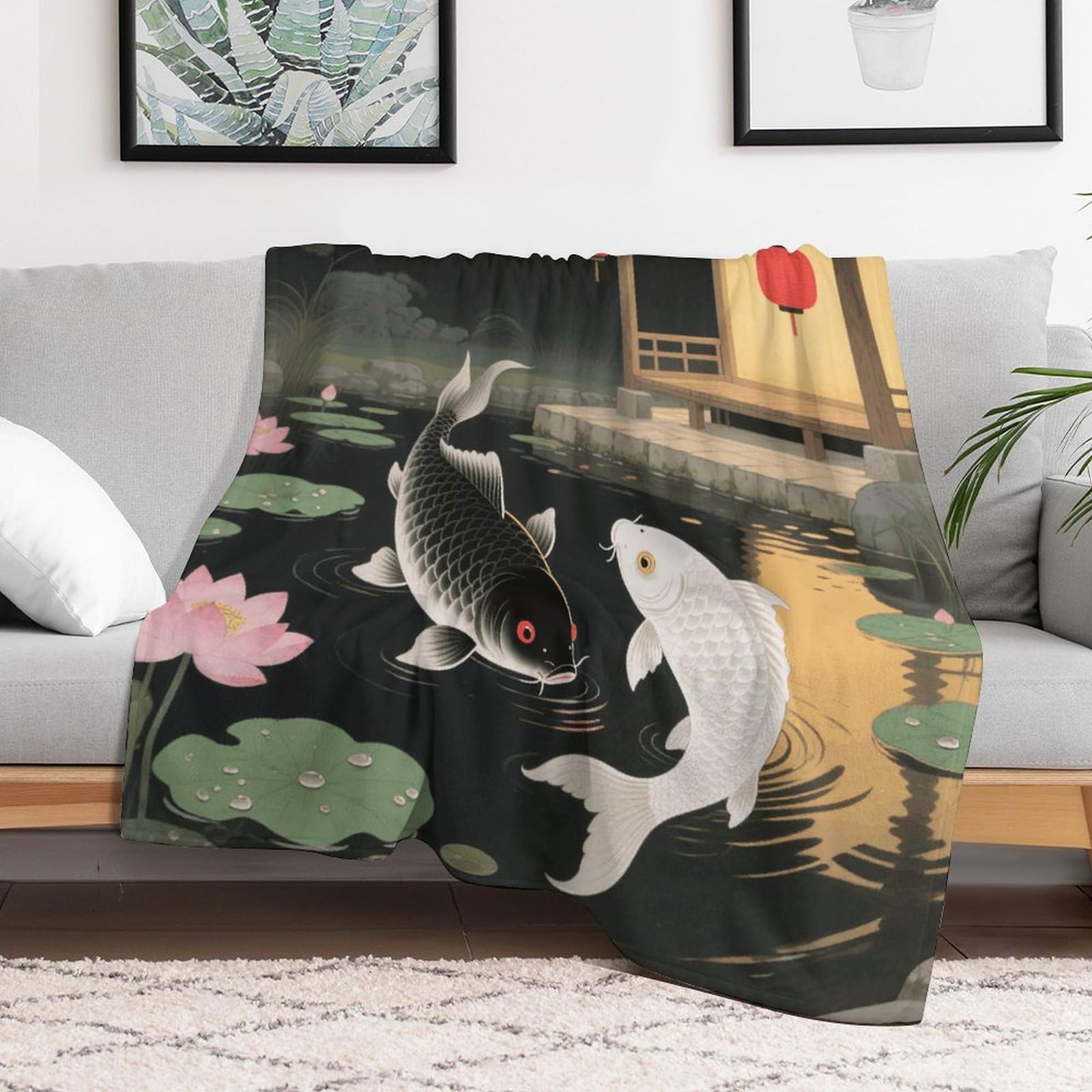 Couverture yin yang koi personnalisée en flanelle, le cadeau idéal pour le lit